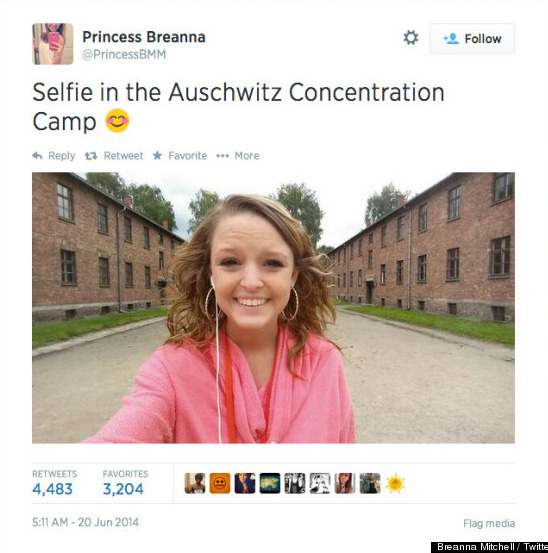 (RNS1-JULY 24) On June 20, Breanna Mitchell posted a selfie on the grounds of the Auschwitz Concentration Camp. For use with RNS-AUSCHWITZ-SELFIE transmitted July 24, 2014. Photo courtesy Breanna Mitchell